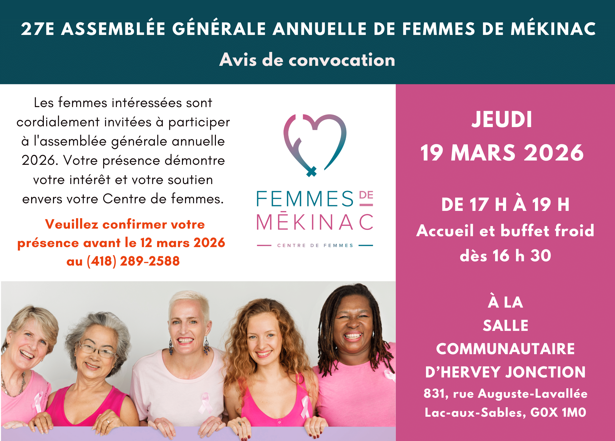 Avis de convocation à la 27e assemblée générale annuelle de Femmes de Mékinac